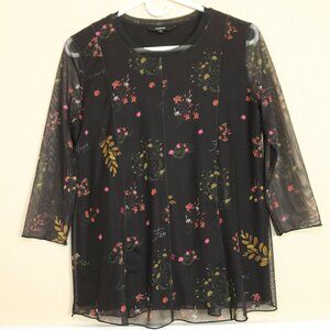Desigual Sheer Floral Top Blouse Black 3/4 Sleeves Popover Size Small S